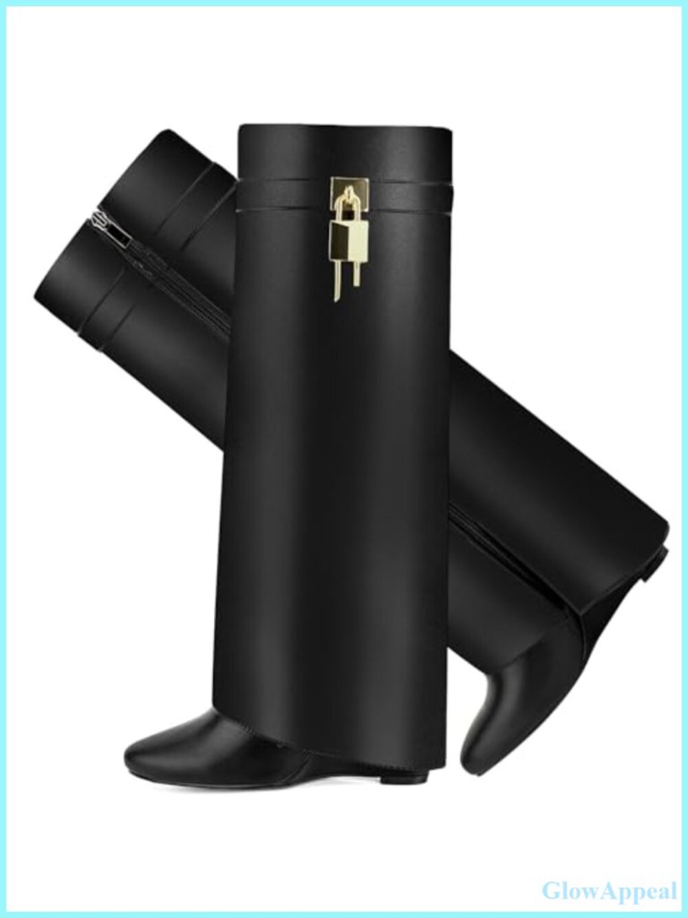 Women's Fold Over Knee High Boots 4-Inch Wedge Heel Side Zipper Faux Leather
